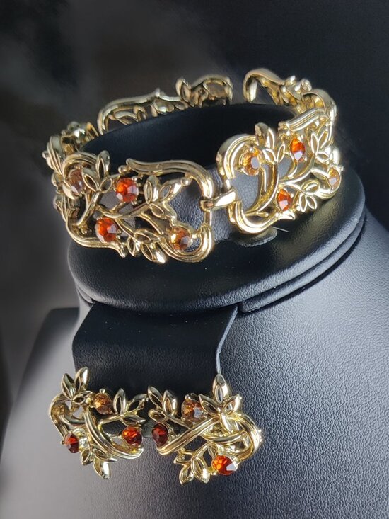 Coro Jewelry - Vintage Signed 50s Coro Gold Plated Alloy Bracelet & Earrings Amber Topaz Color